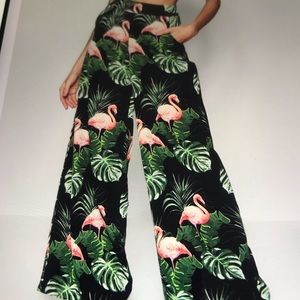 Woven Flamingo Print Wide Leg Trousers